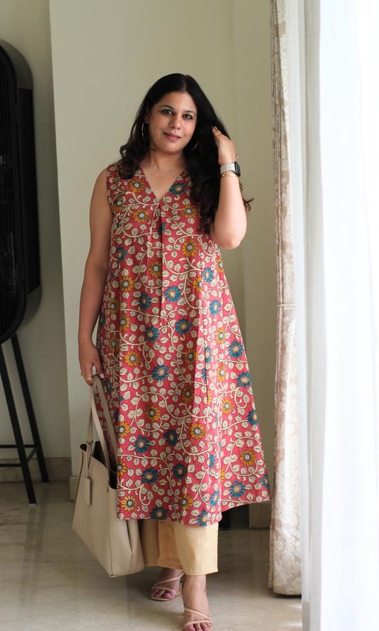 Earthy Red Handblock Kalamkari Pleated Kurta & Cotton Pants