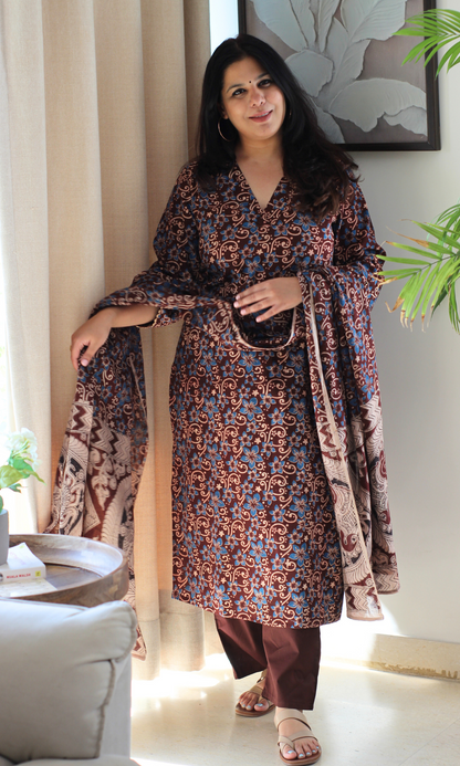 Brick Rust & Blue Handblock Kalamkari Kurta , Dupatta & Cotton Pants