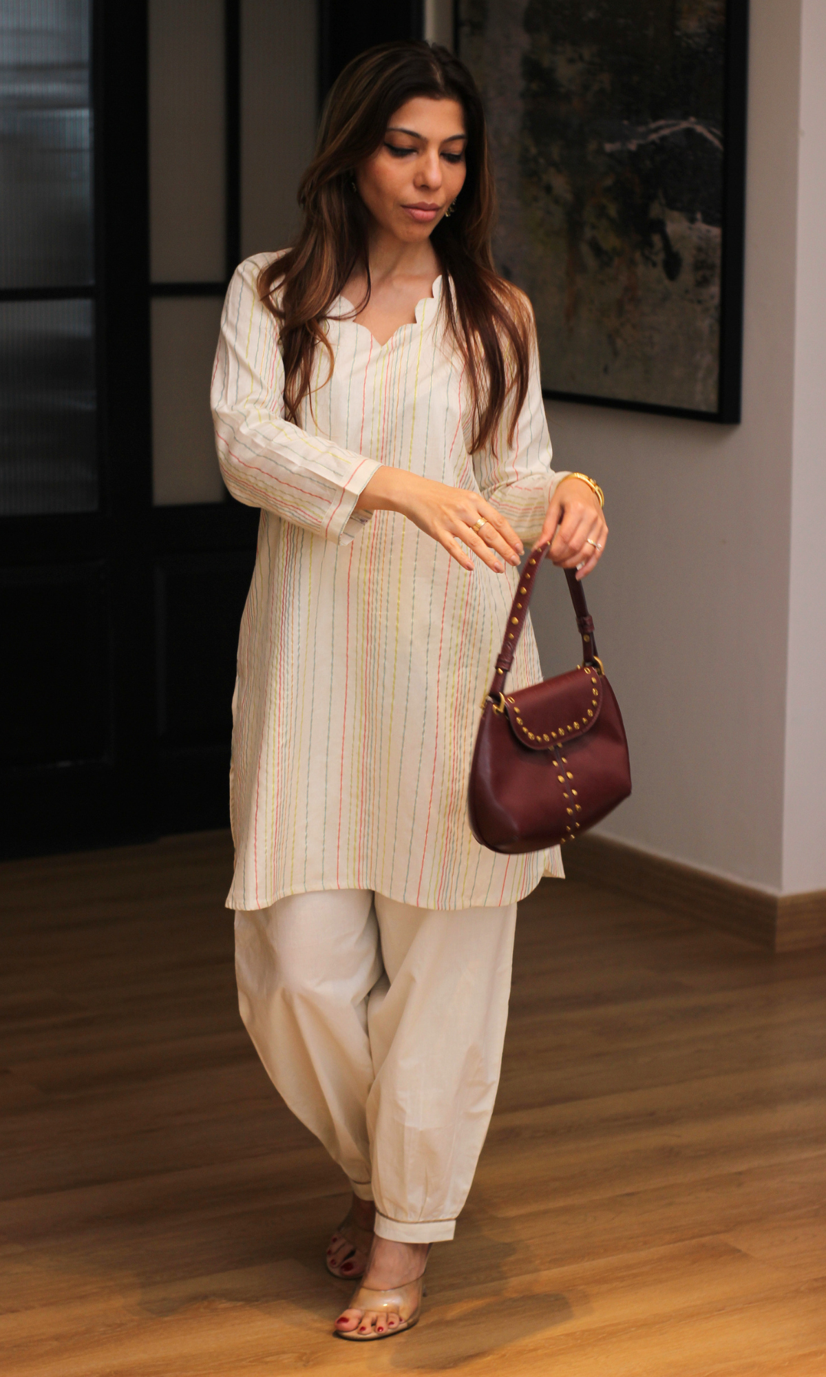Ivory Cotton Lurex Rainbow striped Kurta with Pleated Pants