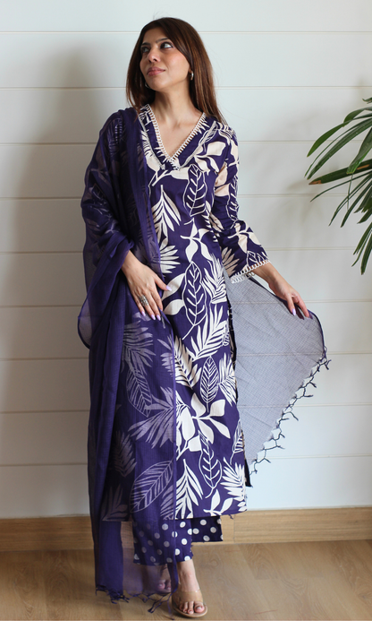 Twilight Purple Big Leaf Kurta, Polka Pants & Kota Doria Dupatta
