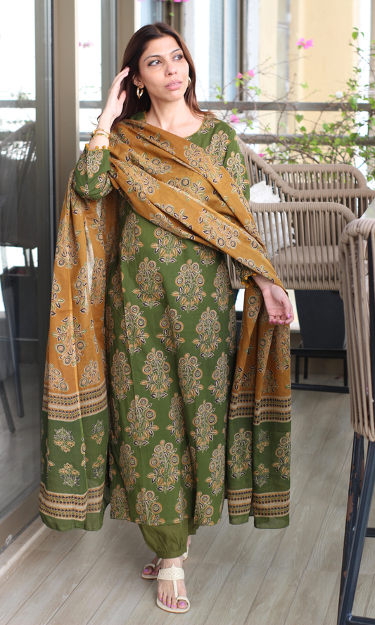 Forest Olive Ajrakh Boota Kurta, Block Print Dupatta & Cotton Afgani Pant