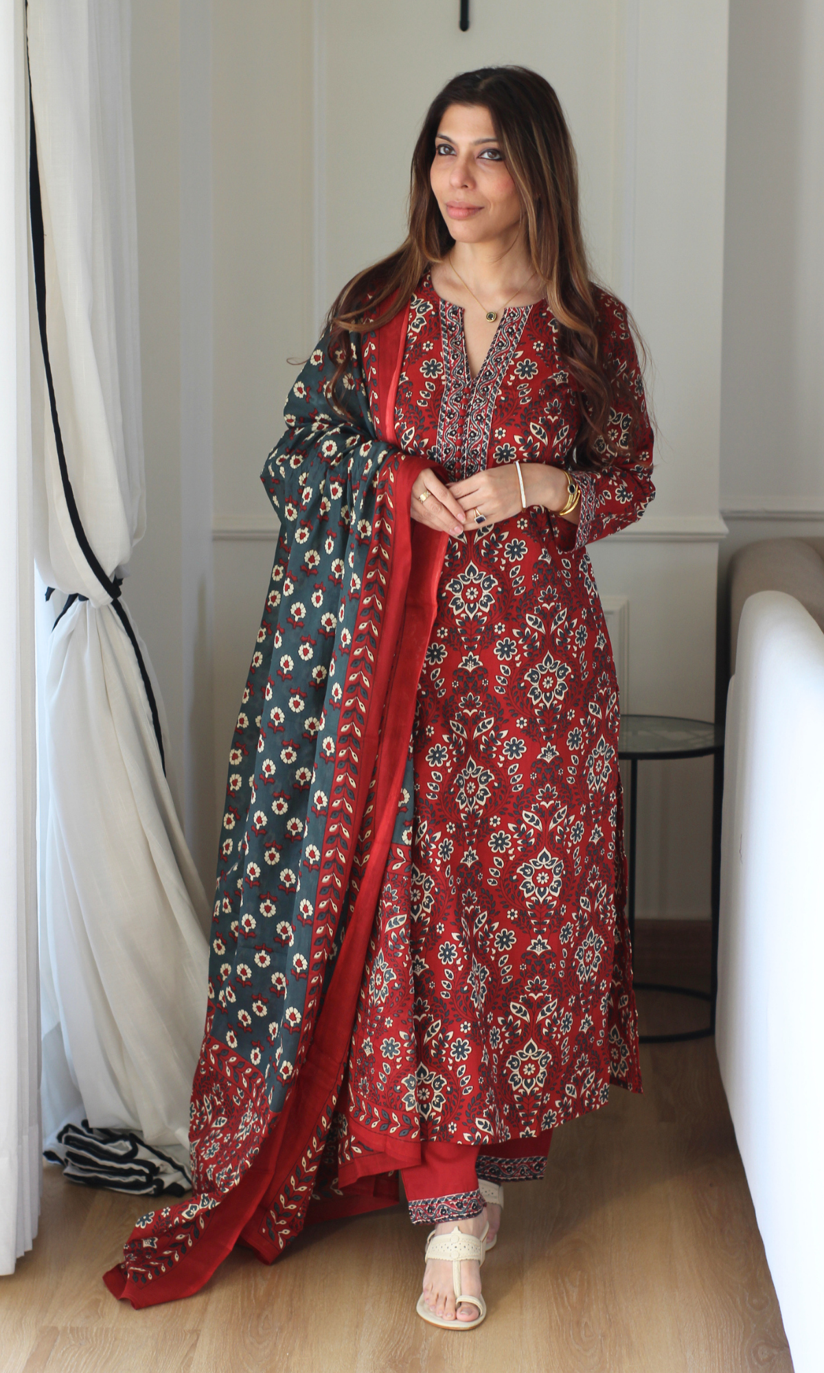 Surkh Ajrakh Block Print Kurta, Dupatta & Cotton Pants