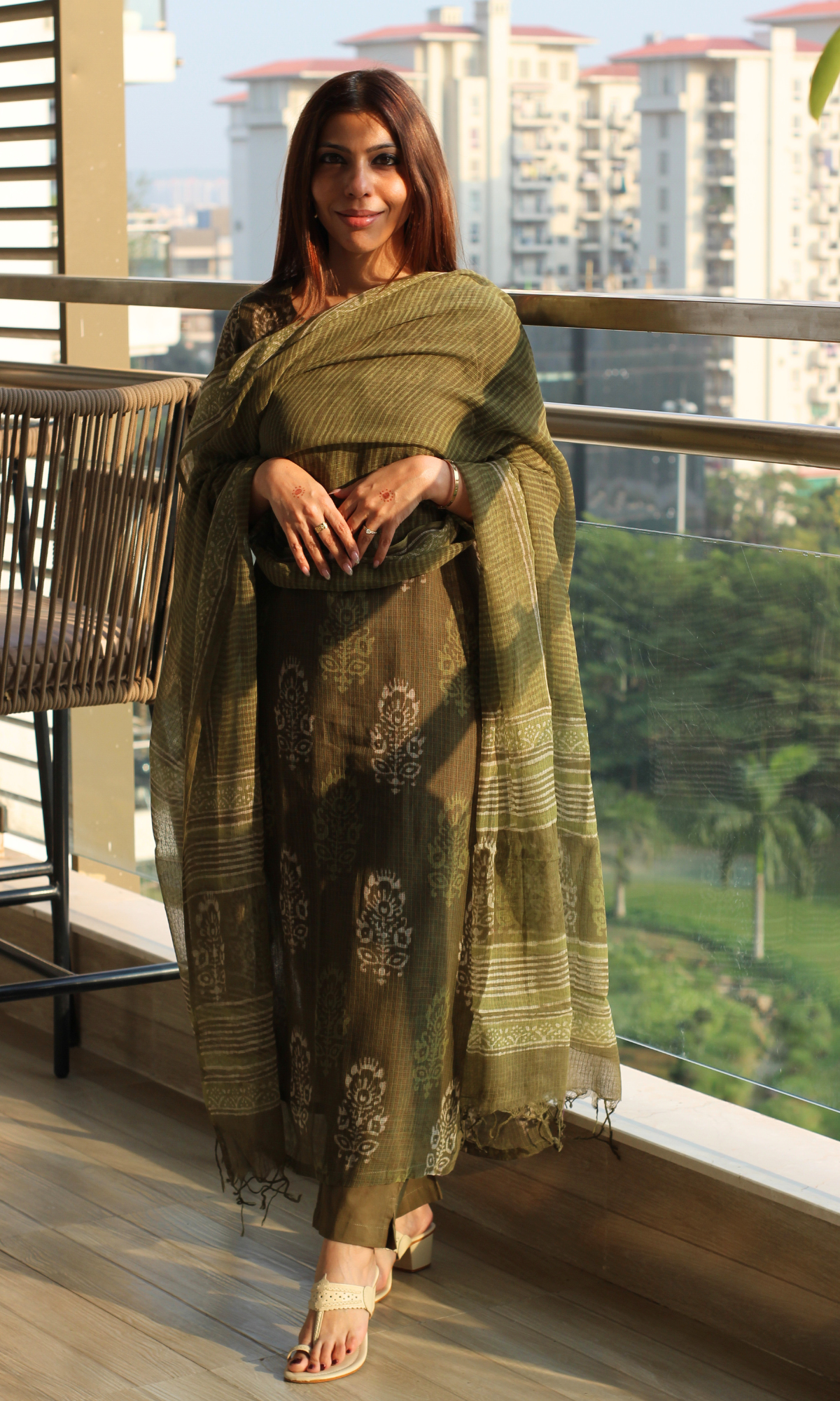 Kota Doria Olive Green Handblock Print Kurta and Dupatta with Cotton Pants