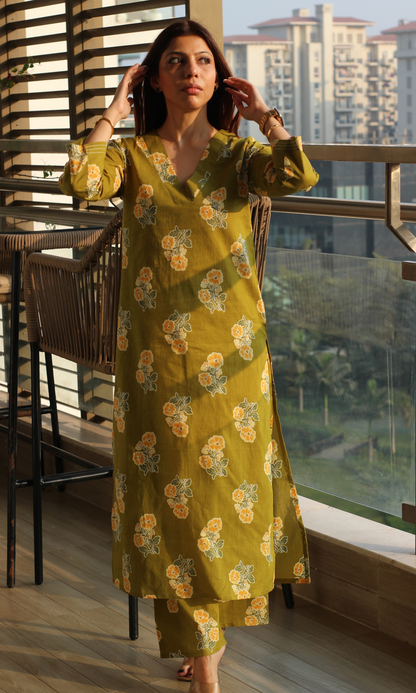 Sunlit Olive Flower Block Print Kurta & Pant