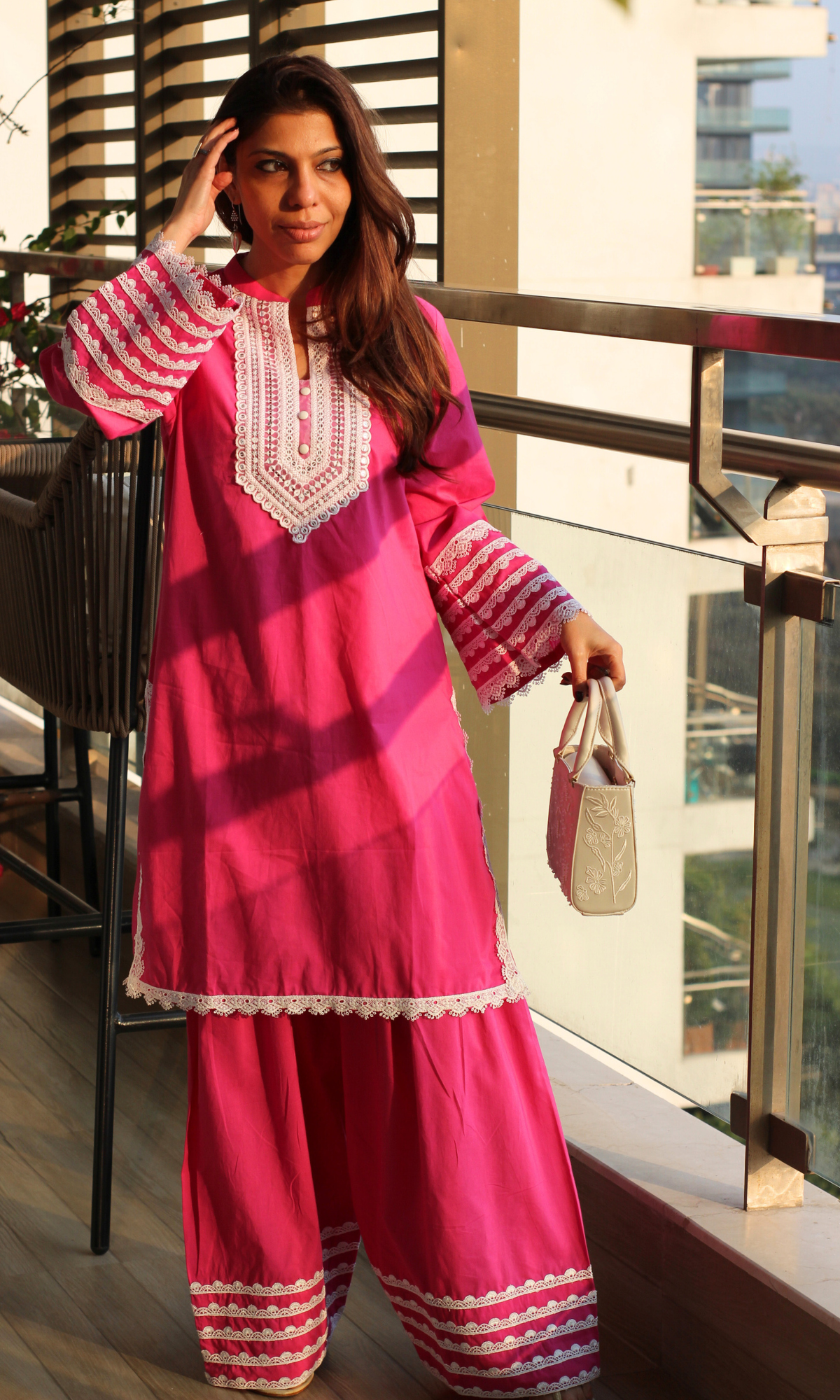 Hot Pink Afreen Thread Lace Work Cotton Kurta & Farshi Salwaar