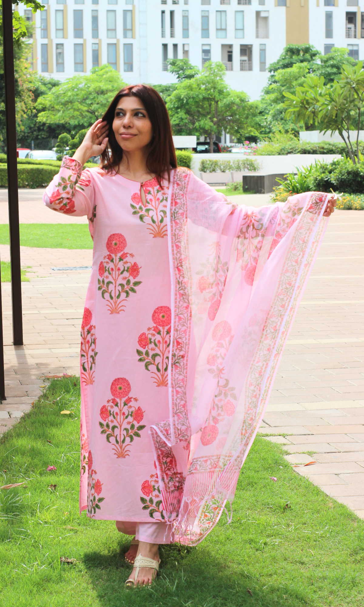 Pink Handblock Mughal Print Cotton Kurta, Pant & Kota Doria  Dupatta