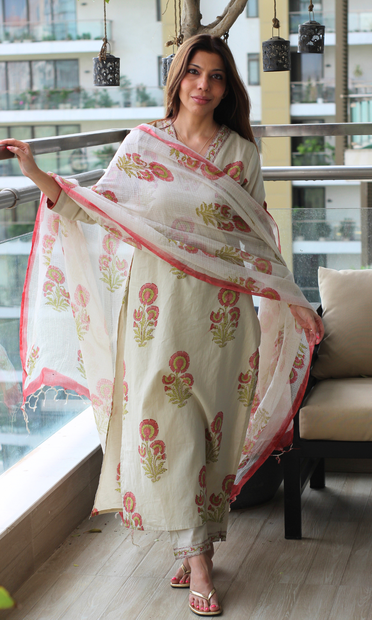 Saira Sorbet Flower Handblock Print Kurta, Pant and Kota Doria Printed Dupatta