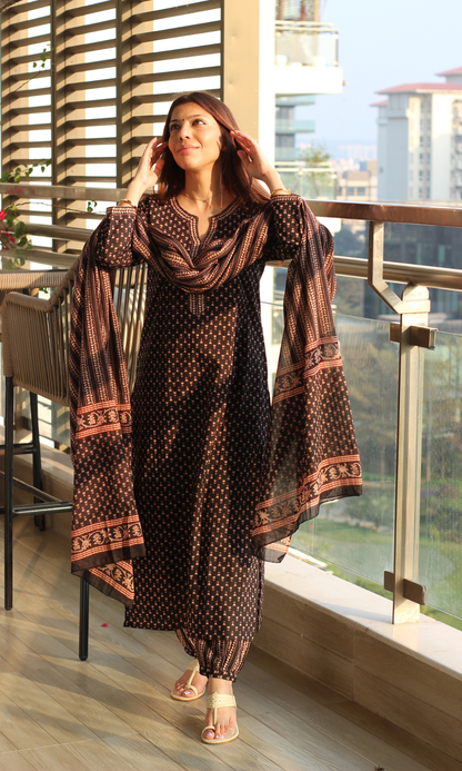 Dharti Black Boota Ajrakh Print Kurta , Afgani Salwaar & Cotton Printed Dupatta