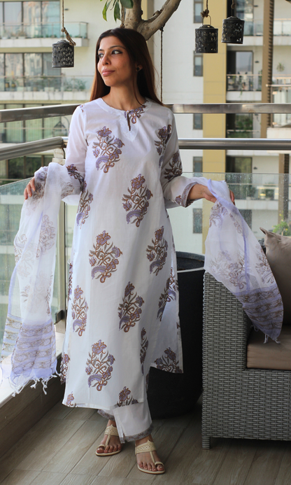 Ziva White & Lavender Mughal Print Kurta, Handblock Print Kota Doria Dupatta & Cotton Pants