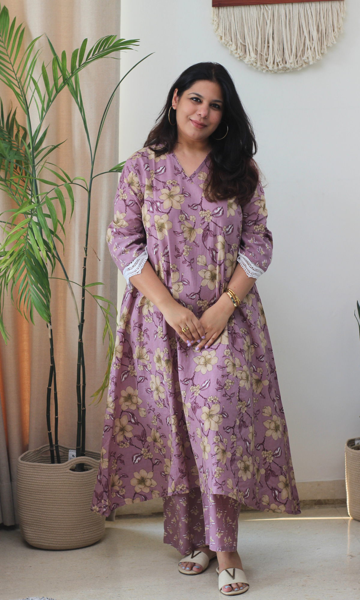 Purple Floral High Low Kurta with Palazzo
