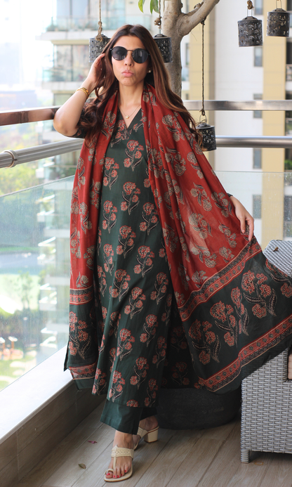 Bottle Green Ajrakh Half Sleeves Kurta , Cotton Pants with Contrast Printed Dupatta