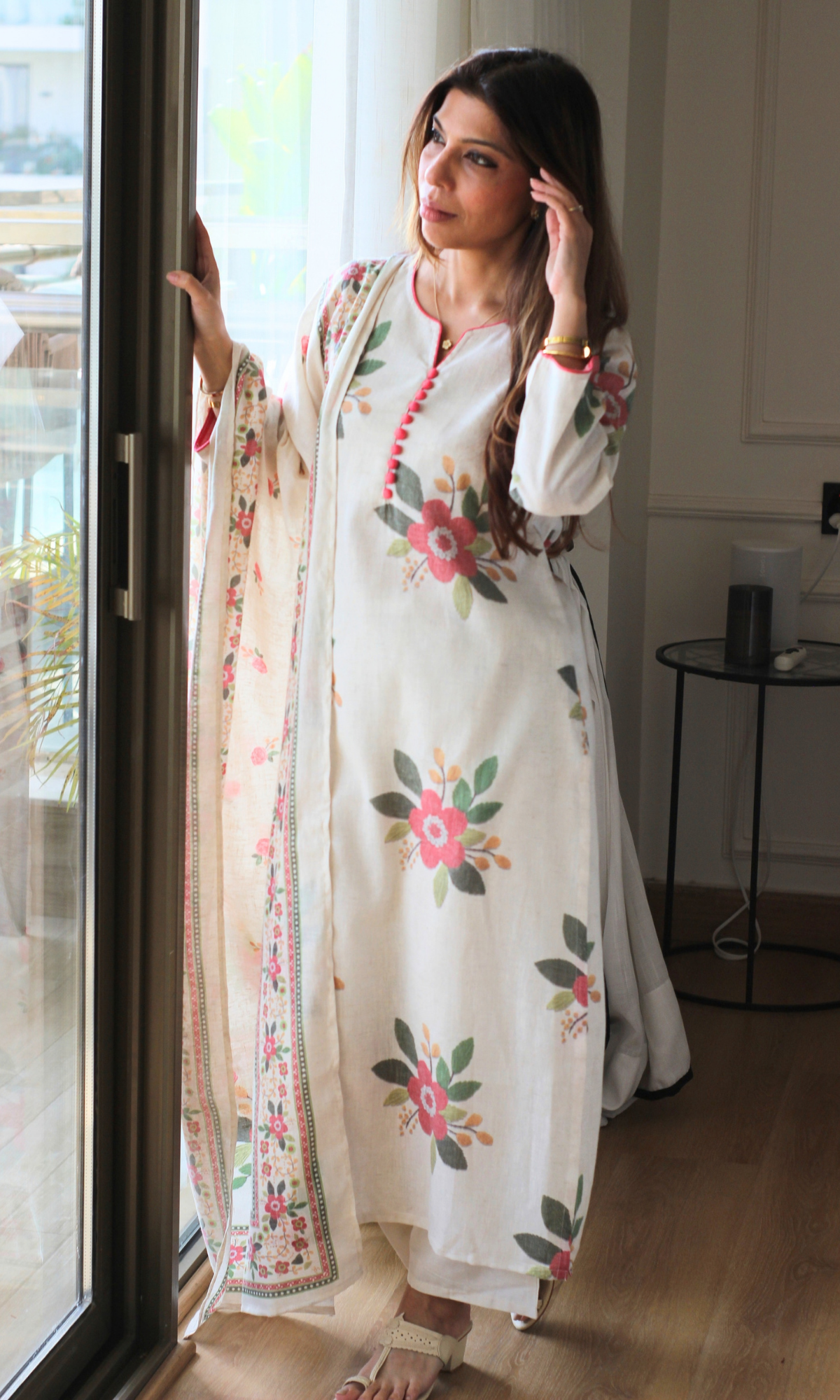 Ivory Cotton Rose Pink Floral Print Kurta, Pants & Dupatta