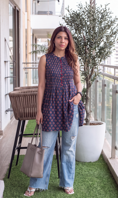Indigo Ajrakh Print Cotton A Line short Kurti