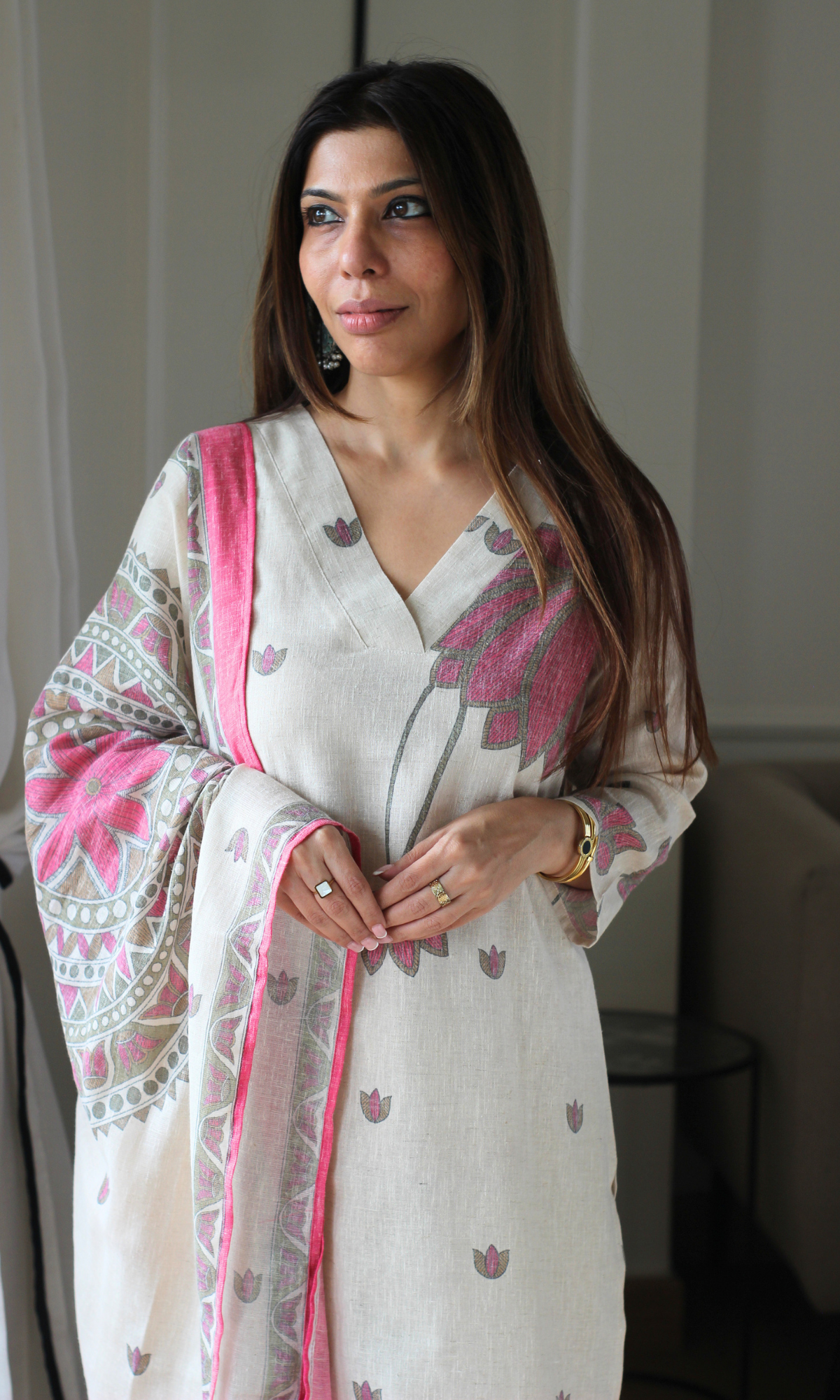Kamalini Pink Linen Blend Kurta, Dupatta & Cotton Pants