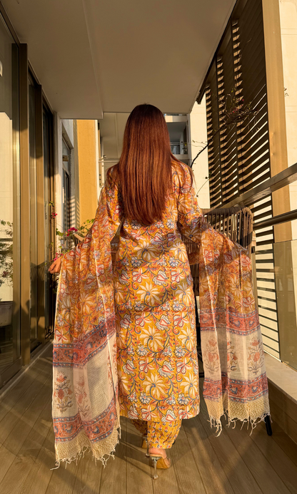 Cotton Handblock Deep Yellow Suit Set with Printed Kota Dupatta