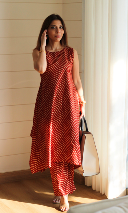 Cotton Red Wave Print High Neck High Low Sleeveless Co-ord