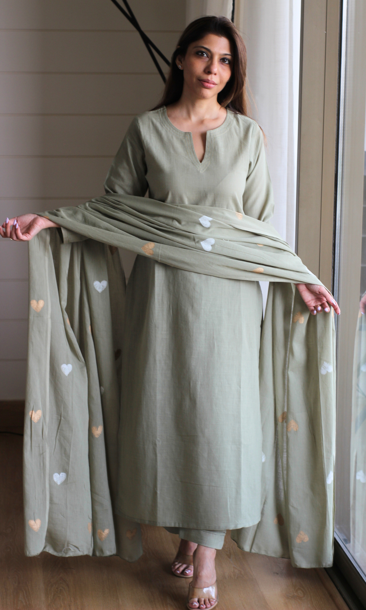 Soft Sage Slub Kurta, Pant with Cotton Hearts Handpainted Dupatta
