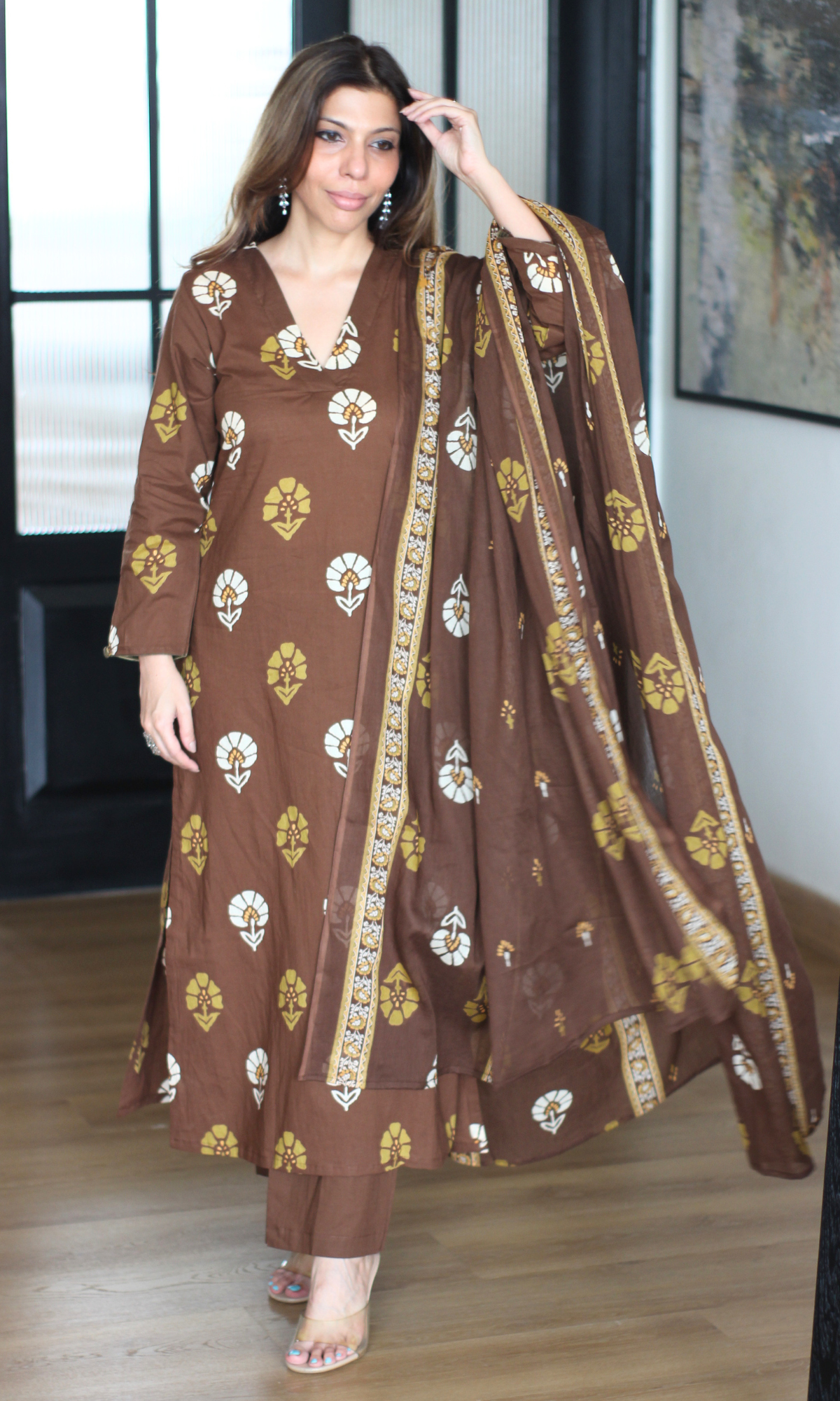 Hazelwood Phool Print Cotton Kurta, Dupatta & Pants