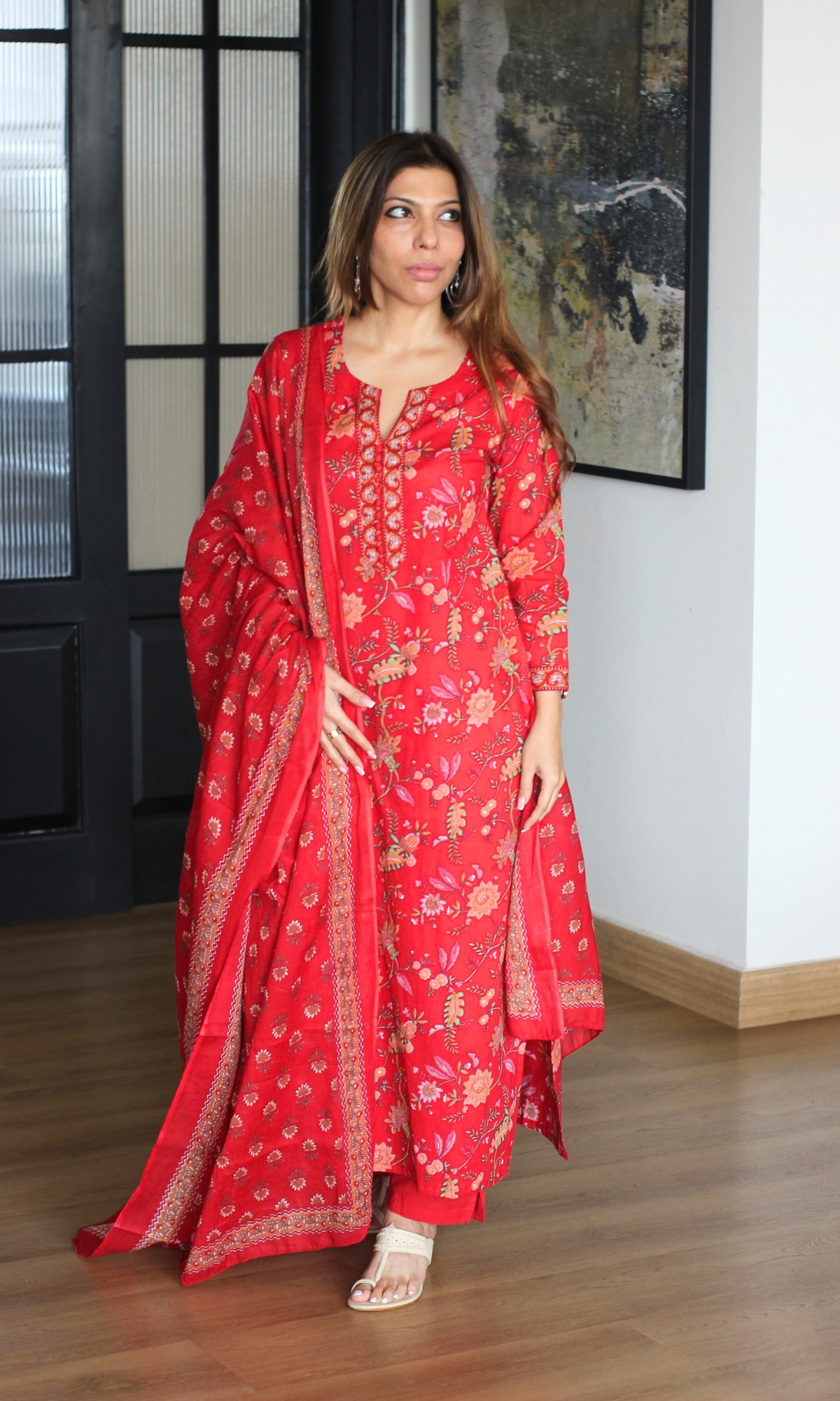 Gulbarg Lal Block Print Kurta, Dupatta & Cotton Pants