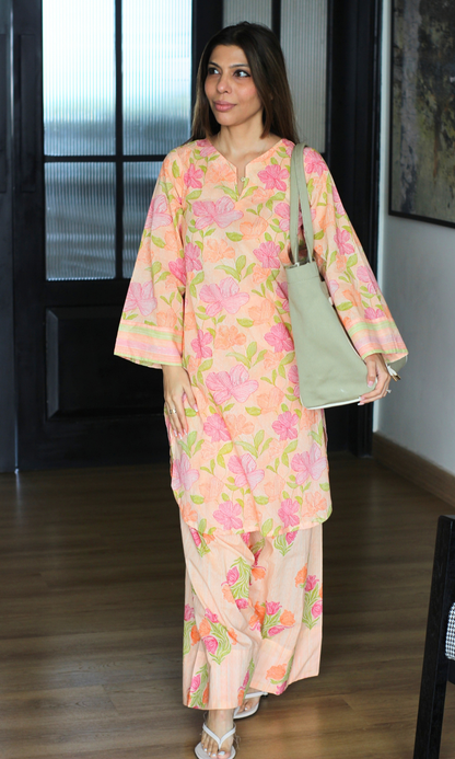 Spring Peachy Floral Block print Kurta & Farshi Salwaar