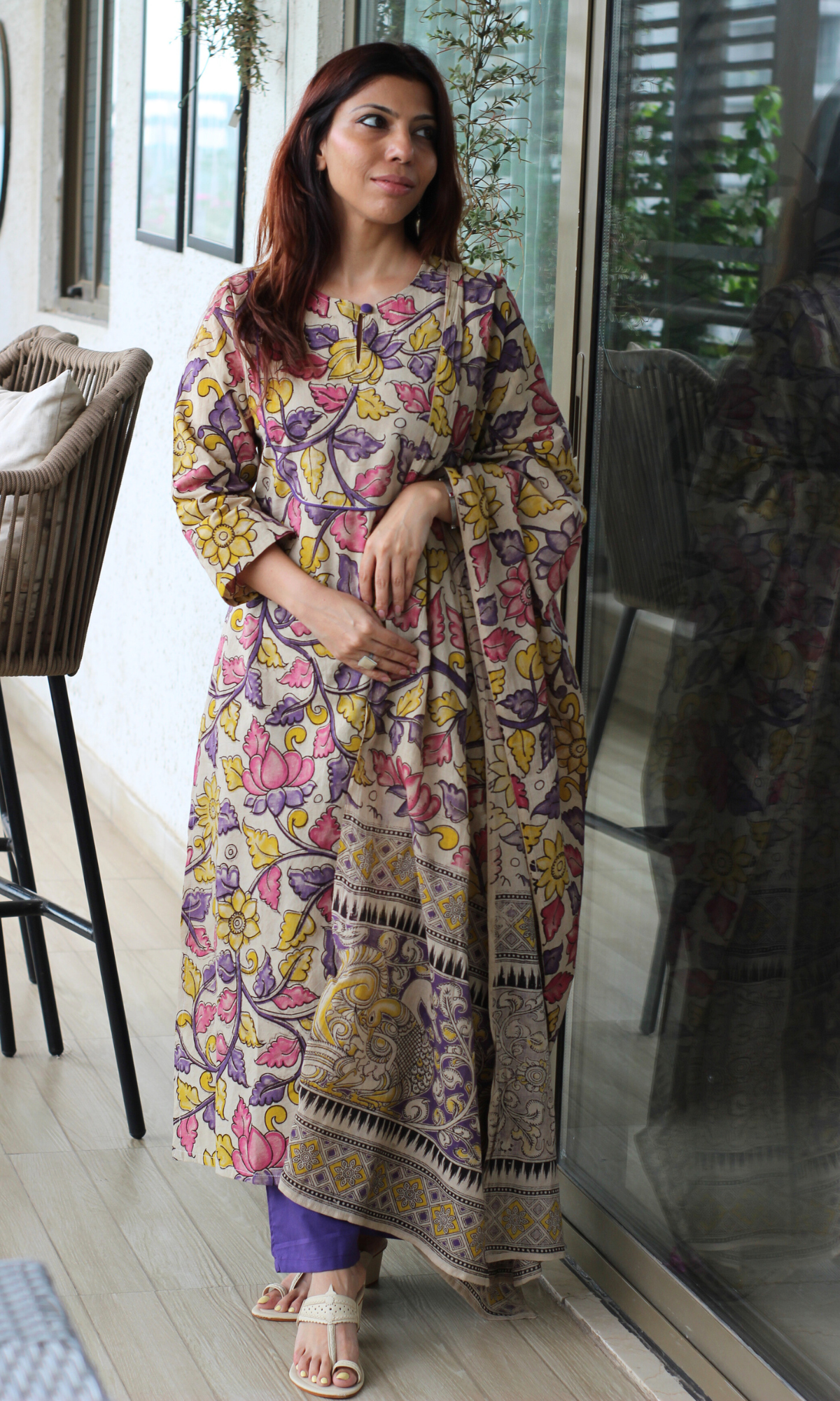 Kavya Purple Handblock Kalamkari Kurta, Dupatta & Cotton Pants