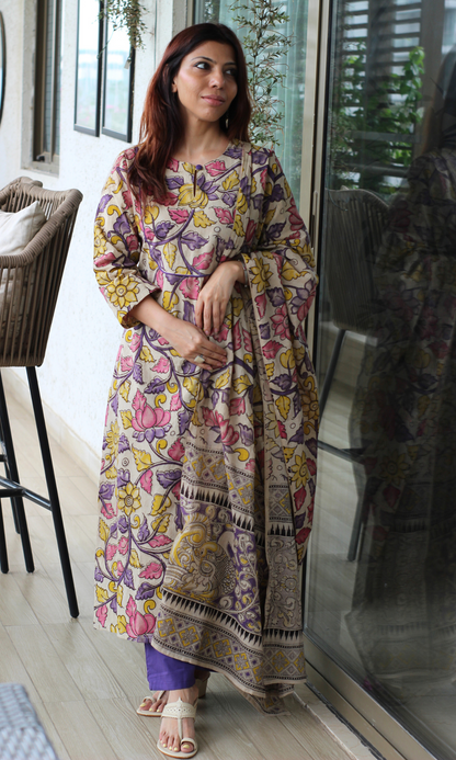 Kavya Purple Handblock Kalamkari Kurta, Dupatta & Cotton Pants