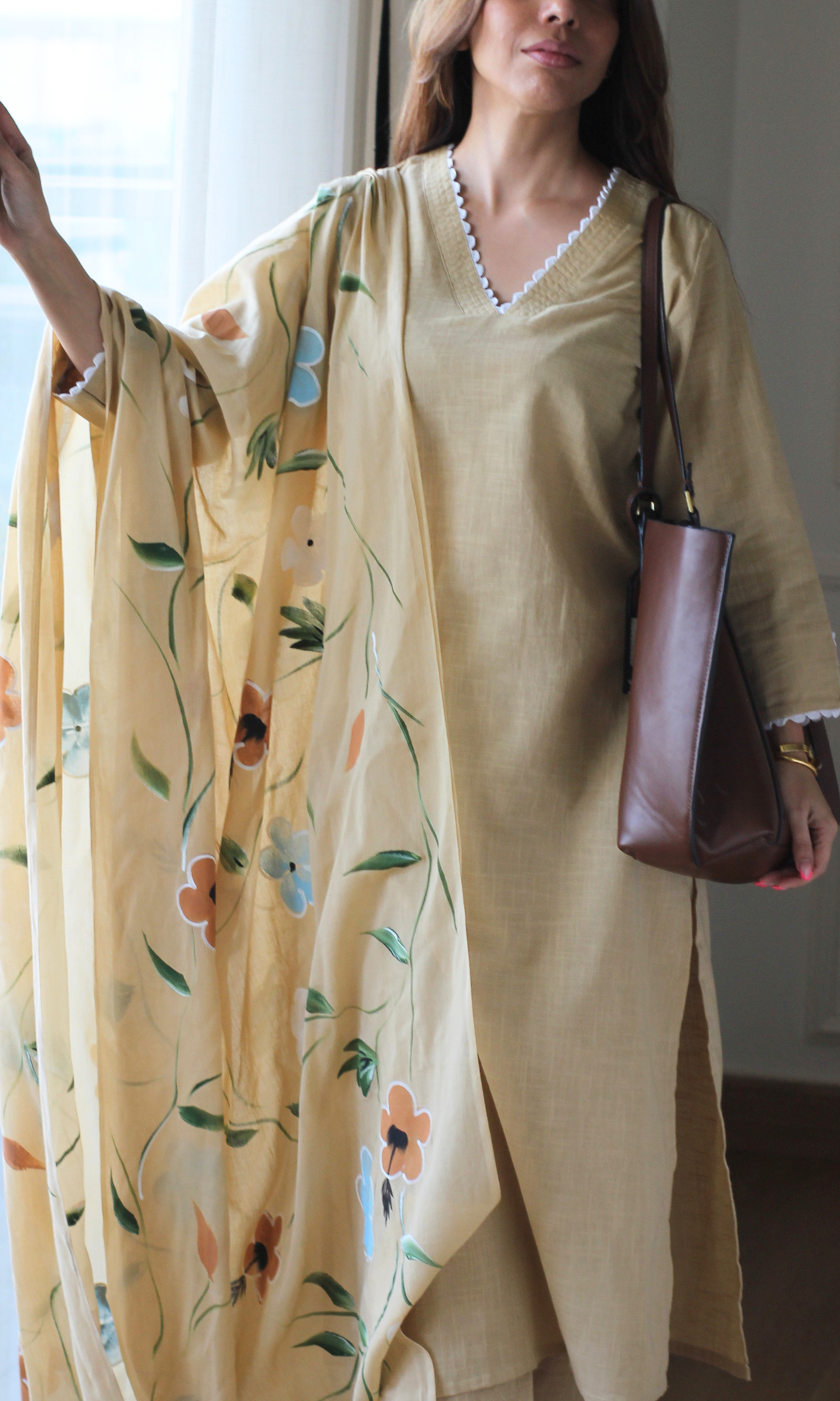 Wheat Slub Cotton Kurta with Pant & Mul Handpainted Dupatta