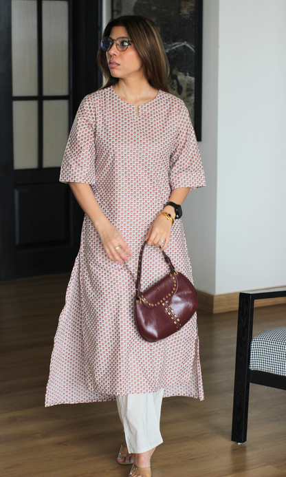 Pretty Rose Cotton Handblock Kurta with Pants