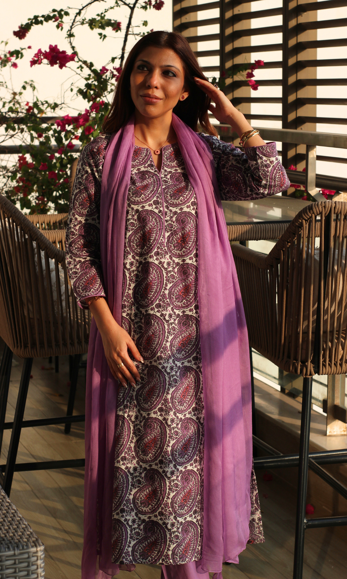 Cotton Lilac Paisley Printed Kurta, Cotton Pants & Chiffon Dupatta