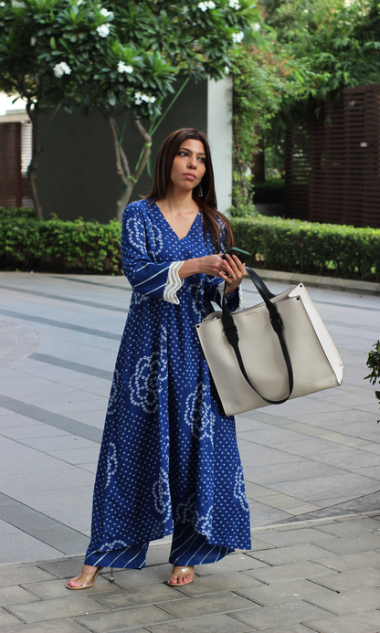 Cotton Blue Meadow Print High Low Kurta & Palazzo