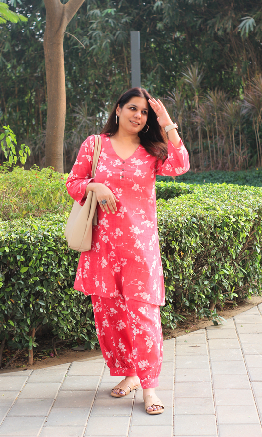 Cotton Slub Bright Pink A Line Kurta with Pathani Pants