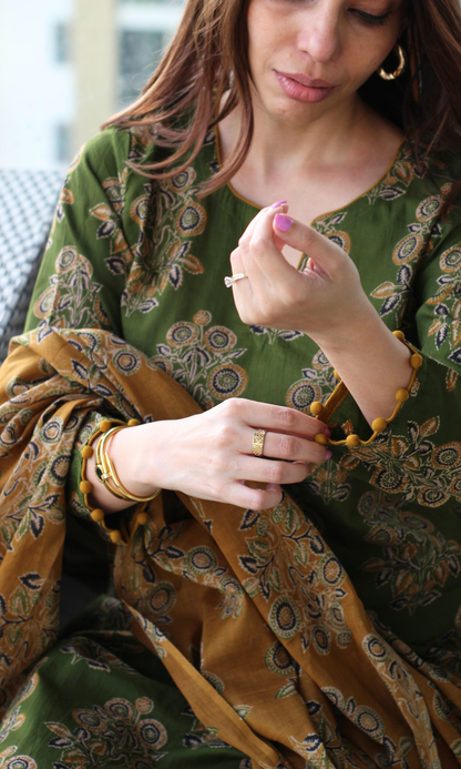 Forest Olive Ajrakh Boota Kurta, Block Print Dupatta & Cotton Afgani Pant