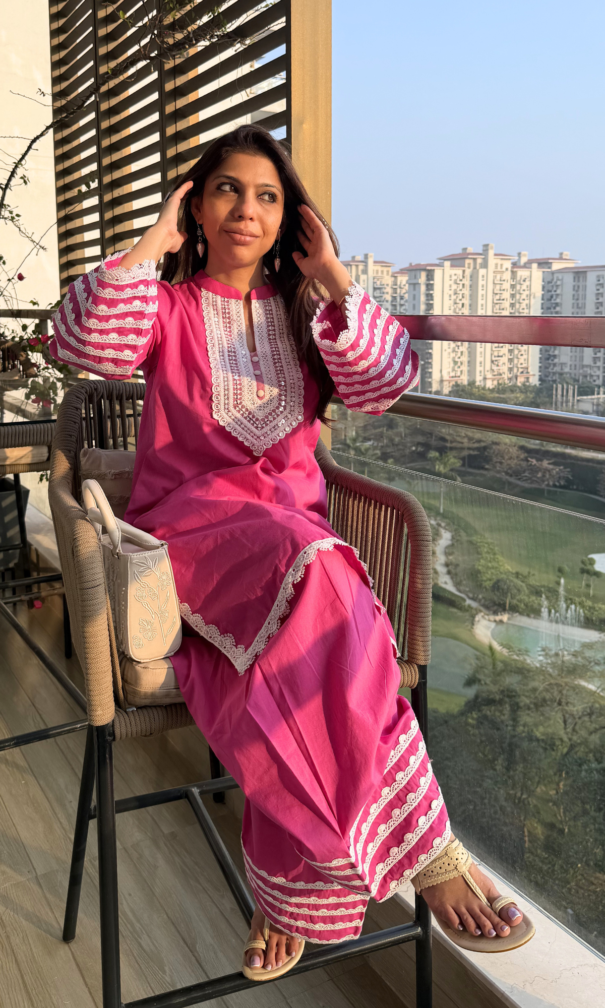 Hot Pink Afreen Thread Lace Work Cotton Kurta & Farshi Salwaar