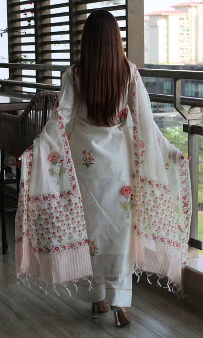 Tulika Chanderi Silk Handblock Printed Kurta , Dupatta & Cotton Pants