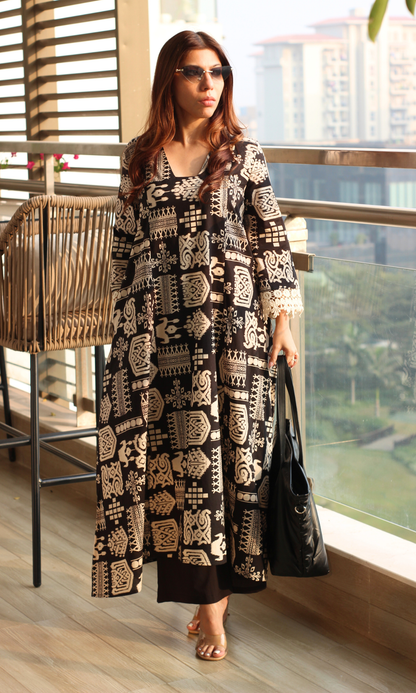 Black Tribal Printed High Low Cotton Kurta with Pants