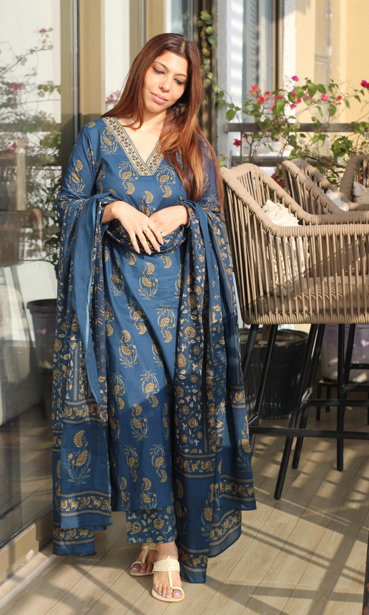 Cotton Pastel Blue Mughal Print Suit with Cotton Printed Dupatta