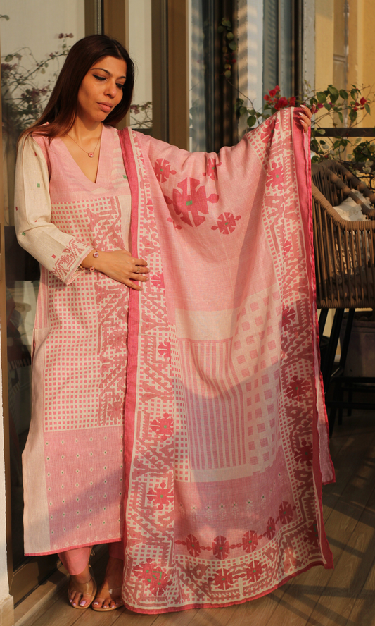 Linen Blend Rosa Sukoon Printed Kurta, Dupatta & Cotton Pants