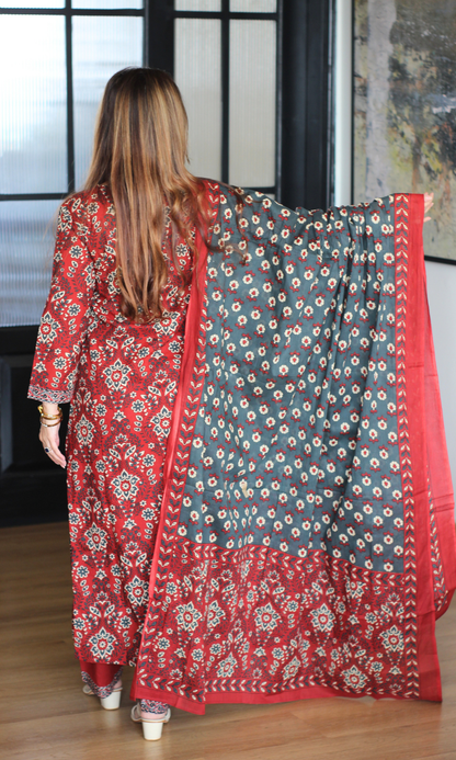 Surkh Ajrakh Block Print Kurta, Dupatta & Cotton Pants