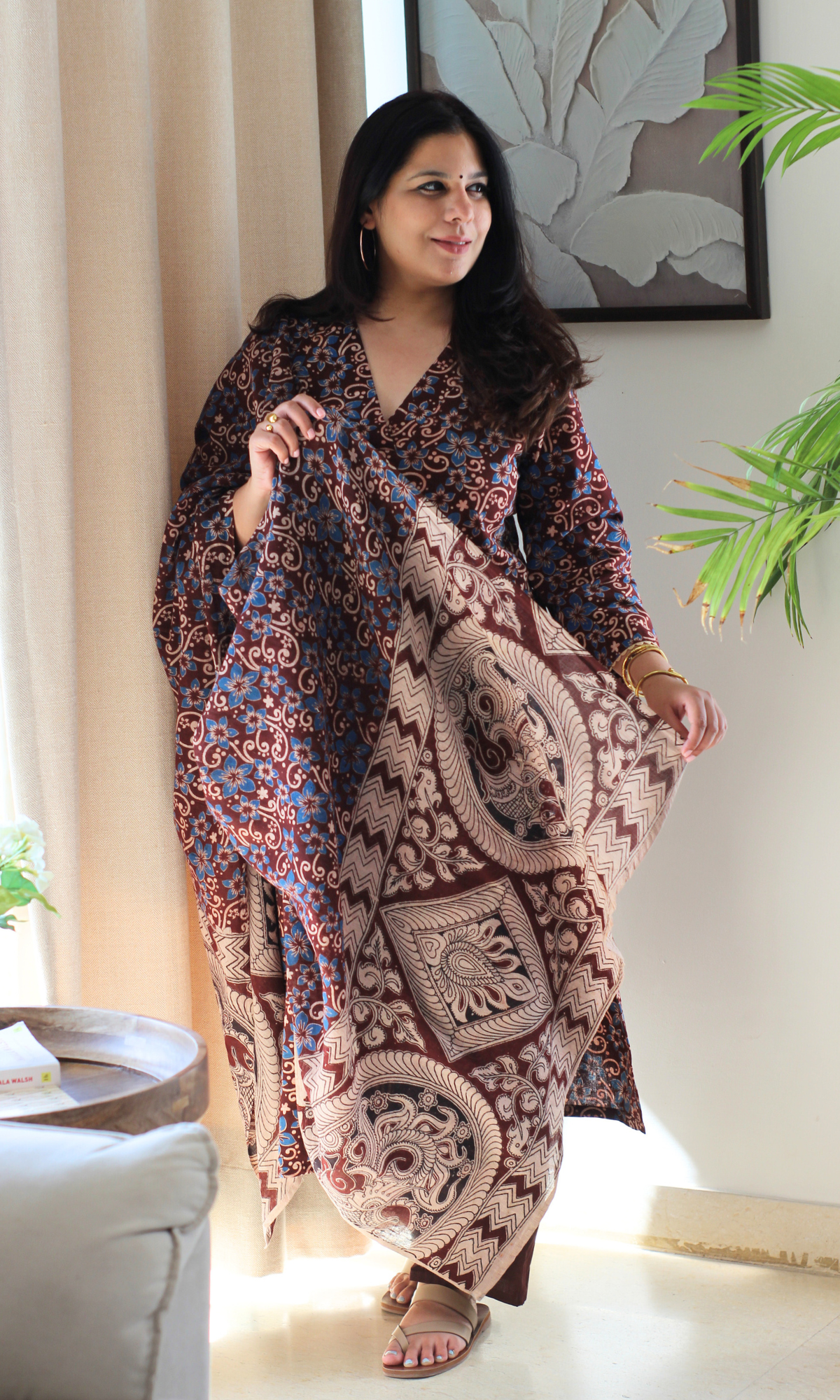 Brick Rust & Blue Handblock Kalamkari Kurta , Dupatta & Cotton Pants