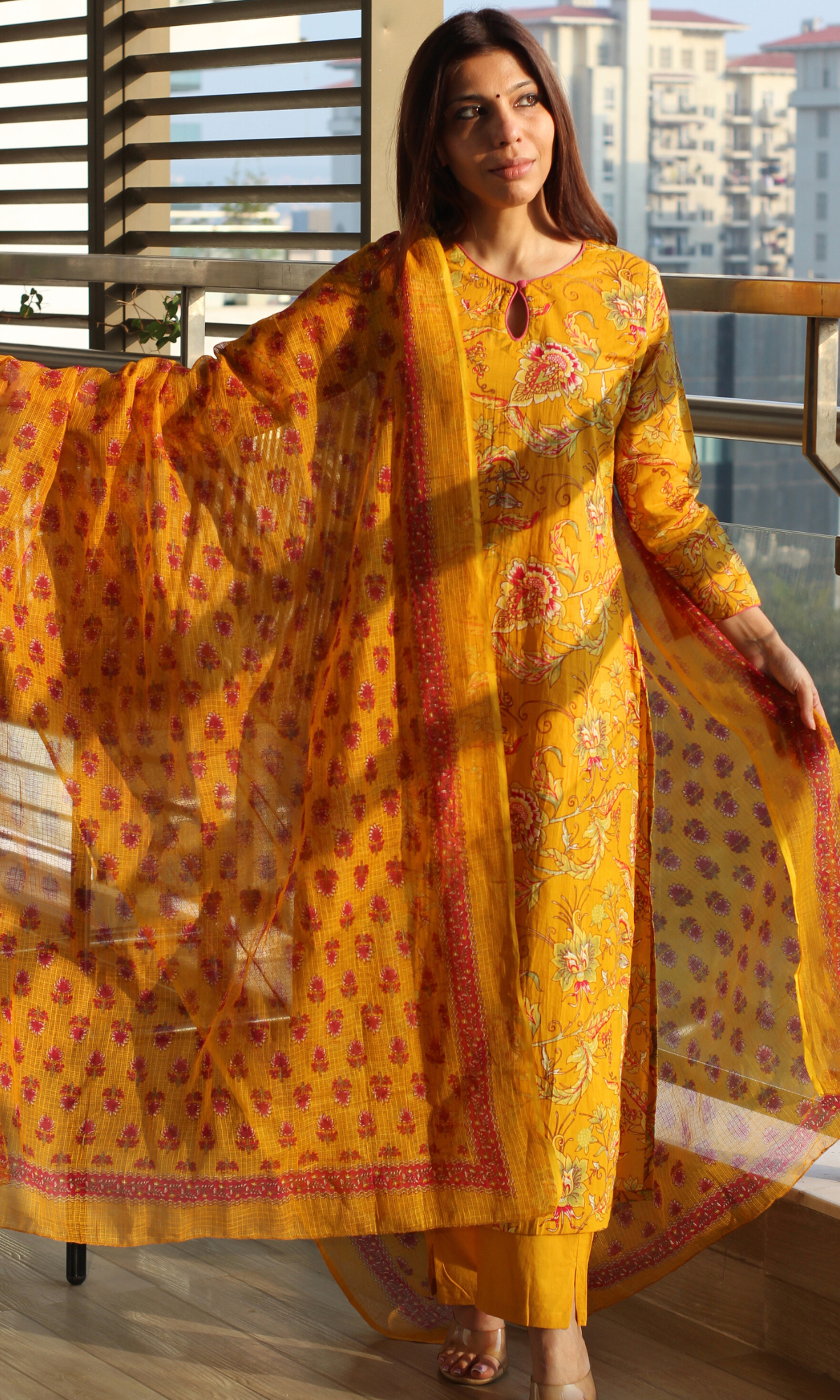 Yellow & Pink Jaal Print Cotton Kurta , Pant & Kota Doria Booti Dupatta