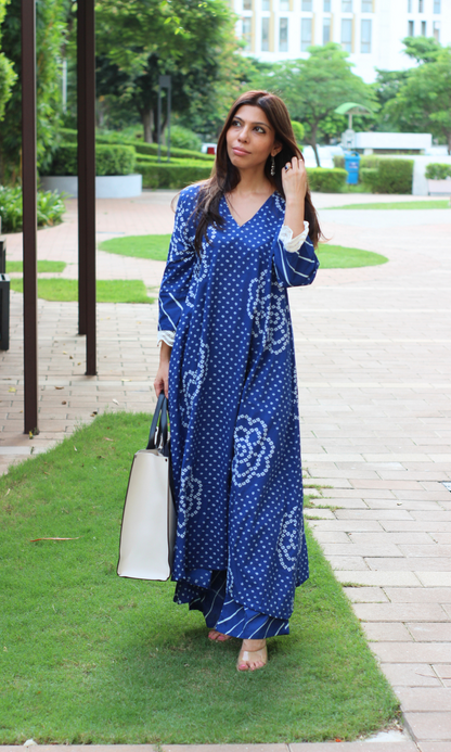 Cotton Blue Meadow Print High Low Kurta & Palazzo