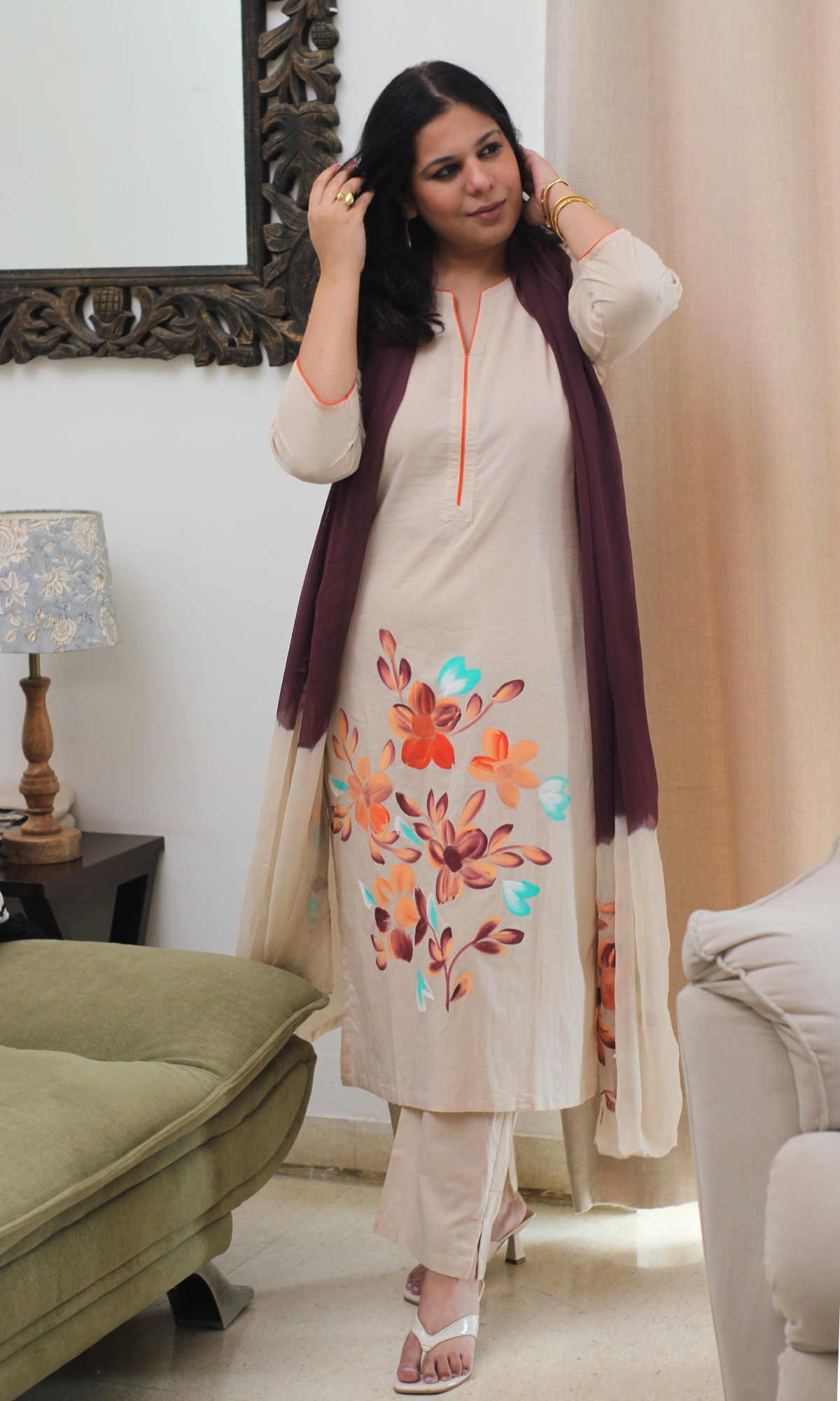 Beige & Wine Symphony Handbrush Painted Kurta, Cotton Pants & Chiffon Ombre Handpainted Dupatta