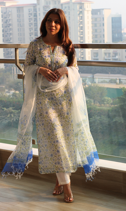 Kota Doria Morning Mist Kalamkari Kurta, Dupatta & Cotton Pants