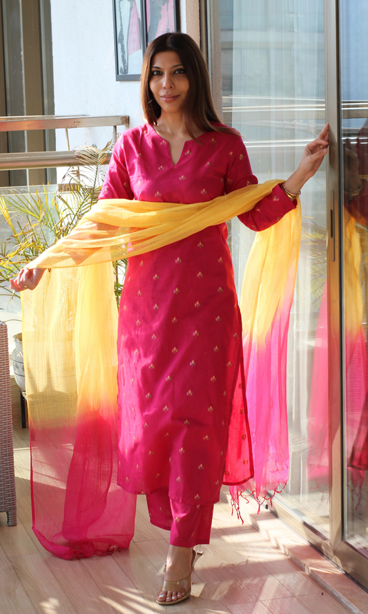 Fuscia Pink Cotton Woven Dobby Kurta , Pant & Ombre Kota Doria Dupatta