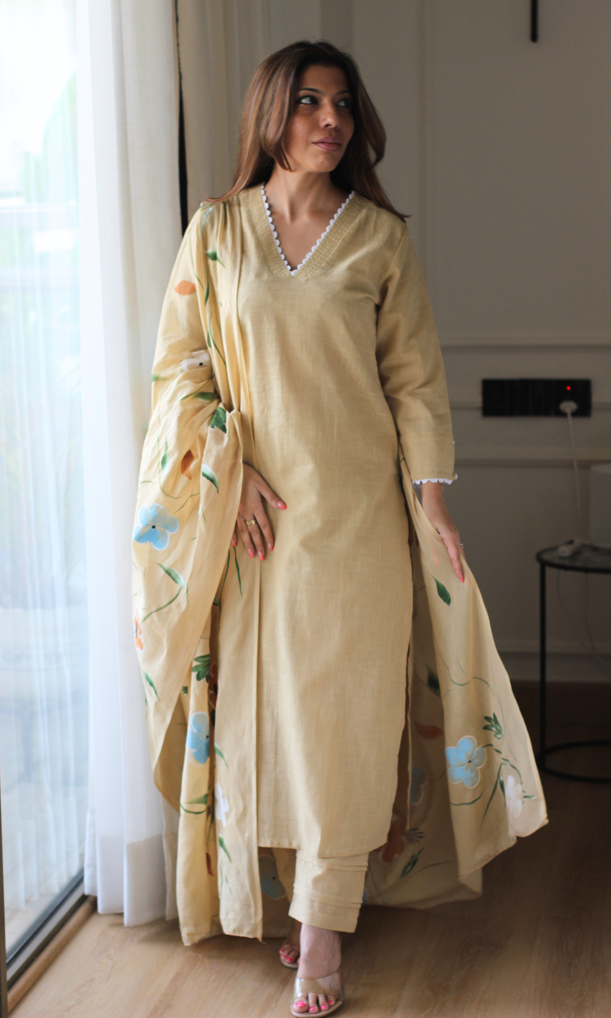 Wheat Slub Cotton Kurta with Pant & Mul Handpainted Dupatta