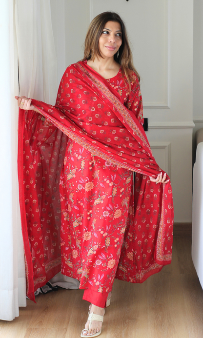 Gulbarg Lal Block Print Kurta, Dupatta & Cotton Pants