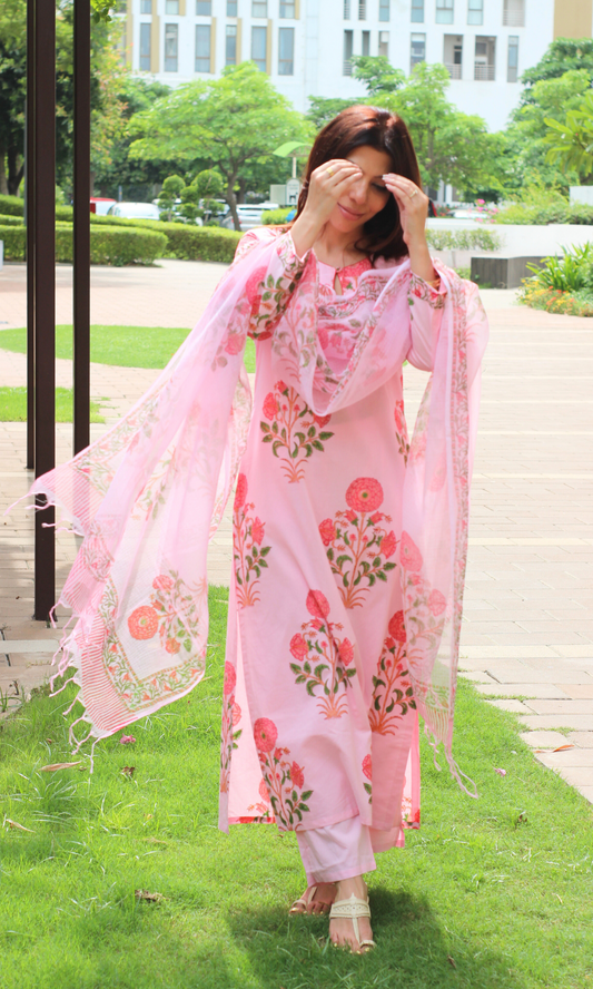 Pink Handblock Mughal Print Cotton Kurta, Pant & Kota Doria  Dupatta