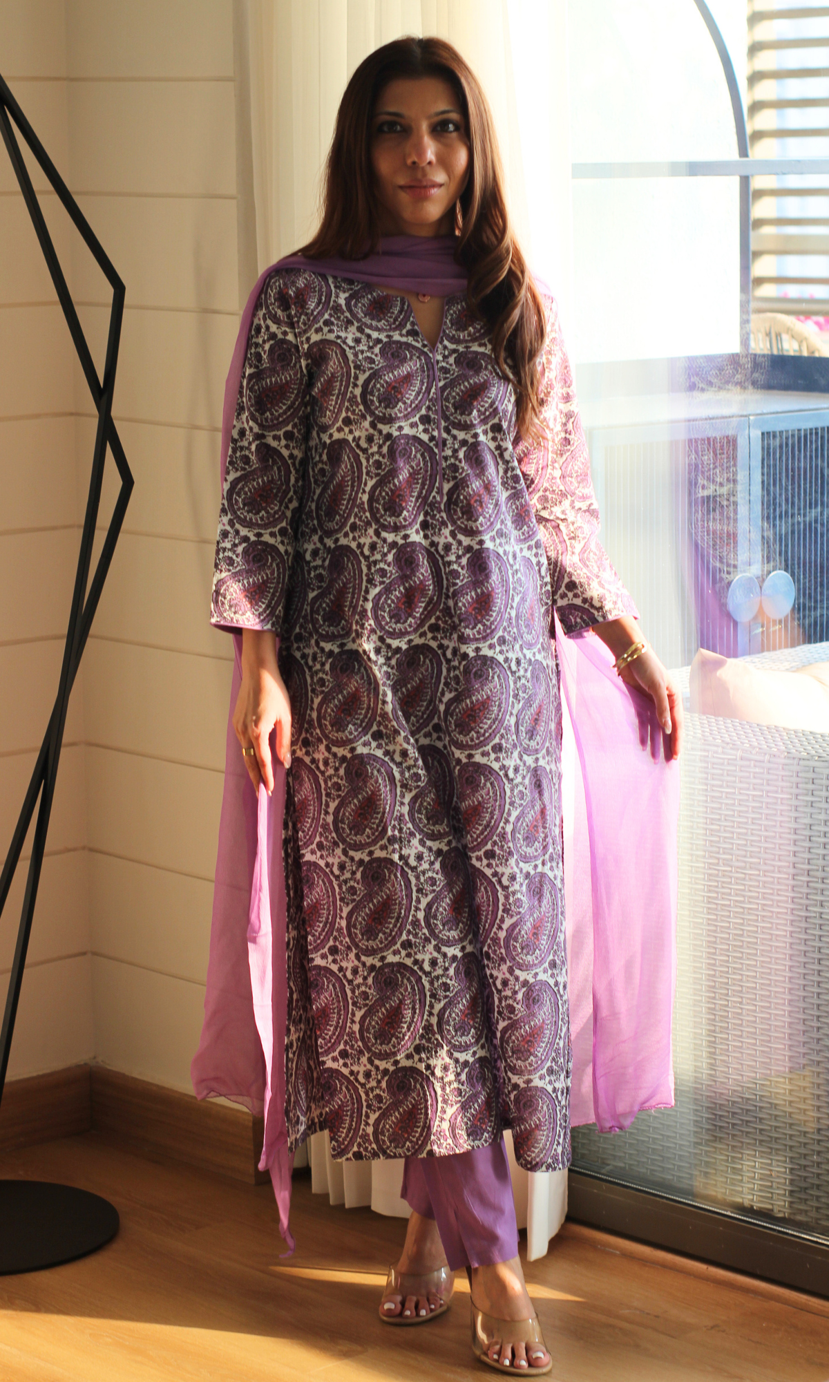 Cotton Lilac Paisley Printed Kurta, Cotton Pants & Chiffon Dupatta