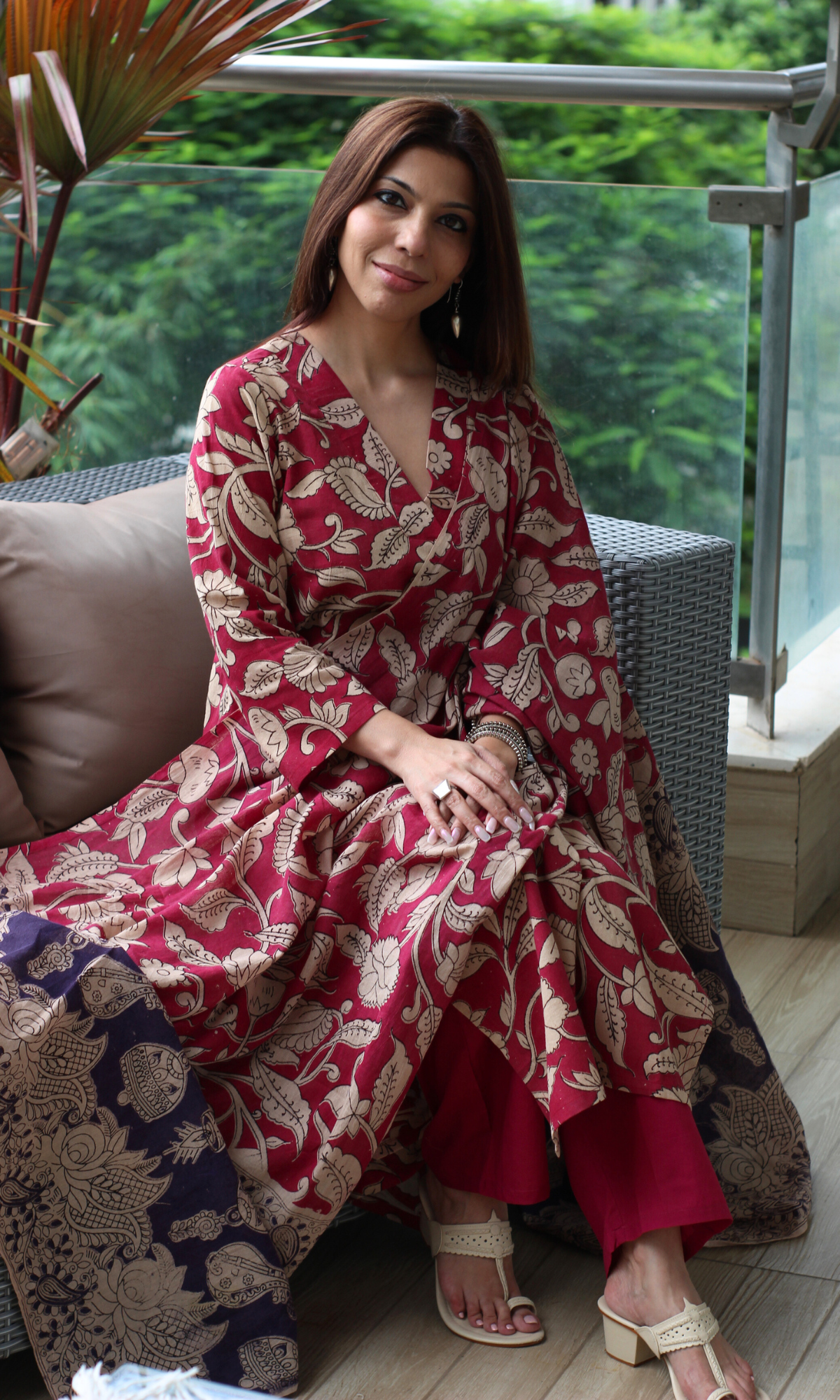 Rani Pink Hamdblock Kalamkari Cotton Kurta, Dupatta & Cotton Pants