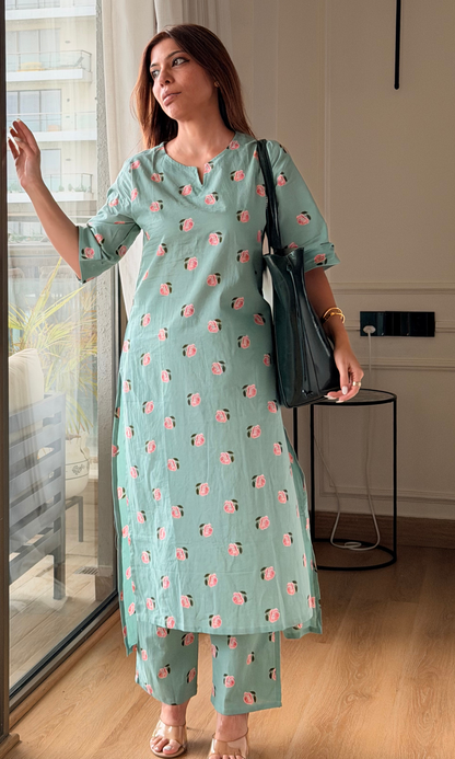 Sea Green Rose High Low Kurta and Pants